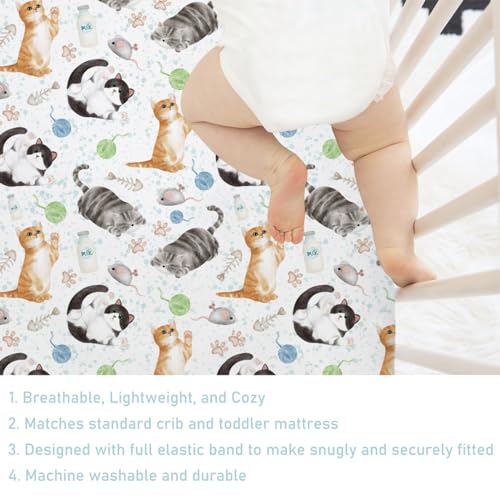 Image of Watercolor Cats Baby Crib Sheets 52''x28'' - Cute Paws Milk Snug Fitted Mattress Cover for Boy Girl - Soft Nursery Bed Sheets for Standard Crib and Toddler Mattresses - Cat Lovers Gift