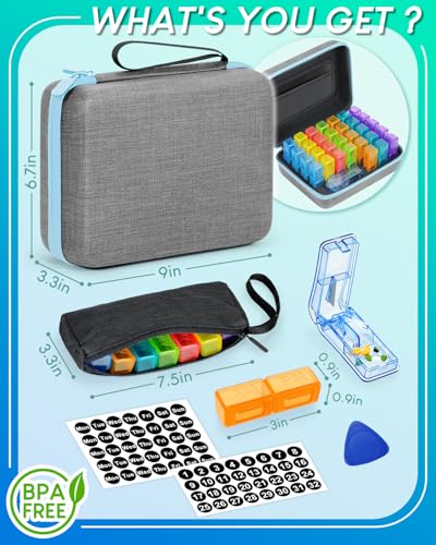 Image of Monthly Pill Organizer 2 Times a Day with Weekly Pill Bags, Portable Hard Shell Case, Pill Cutter & Opener Pick, Monthly and Weekly Stickers for Medication Management (Blue, 2 Times a Day)