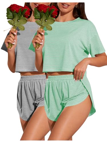 Image of OYOANGLE 2 Pack Pajama for Woman Set Summer Cute PJ Sets Striped Short Sleeve Tshirt and Split Shorts Lounge Set