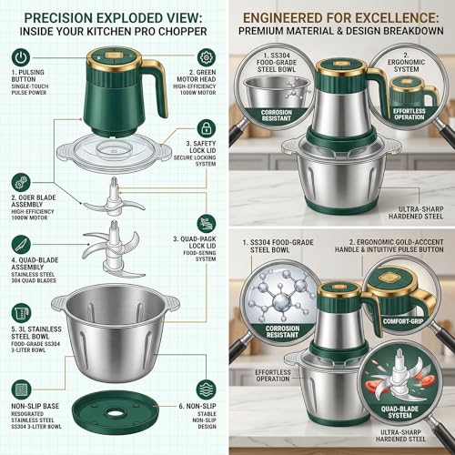 Image of 3L Electric Food Chopper & Meat Grinder - 500W Stainless Steel Food Processor with Quad-Blade System - SS304 Mixing Bowl for Meat, Veggies & Purees - Green /Rose Gold
