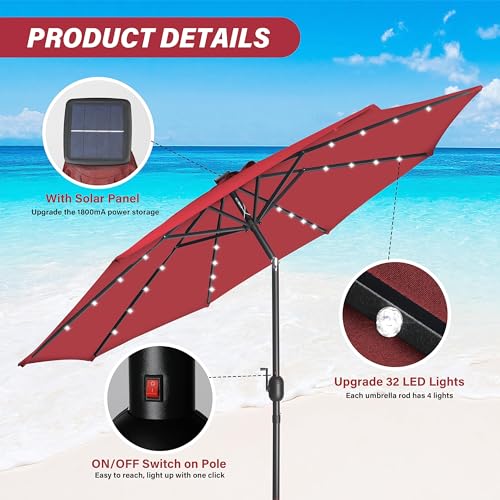 YSSOA 9ft Solar LED Lighted Patio Umbrella, Outdoor Table Market Umbrellas with Tilt/Crank Adjustment, for Garden, Deck, Backyard, Pool, Red - Thumbnail 2