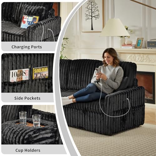 Image of KCGKCG 81 inch Sleeper Sofa Bed with Storage Chaise & USB Charging, Plush Corduroy L-Shaped Pull Out Couch Bed, Sectional Couches for Living Room with Cup Holder, Side Pocket(Black)