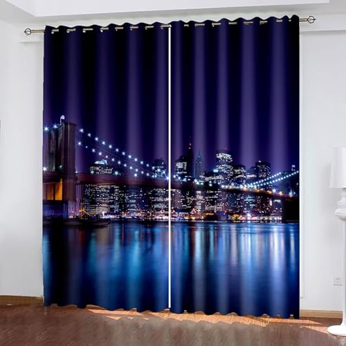 Aotiwe Cortinas para sala de estar para hombre, cortinas para sala de estar, azul oscuro, morado, puente de ciudad, paisaje nocturno, poliéster, 2 paneles, 203 x 213 cm