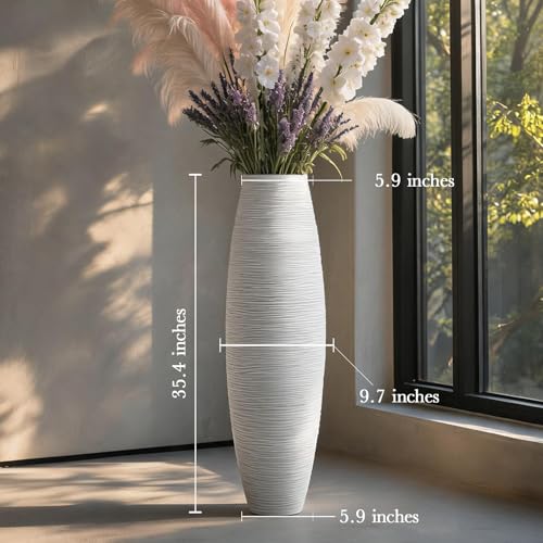 Image of Large Floor Vase 35.4 inch Matte White, Resin Wide-Body Vase with Horizontal Ribbed Texture for Dried Pampas Grass Branches, Modern Home Decor for Living Room Corner Entryway