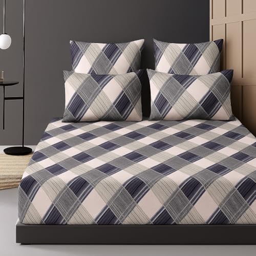 Image of 400 TC Cotton Feel Glace Cotton Fully Elastic Fitted Bedsheet Queen Size Double Bed with 2 Pillow Covers (60 inch x 78 inch inches, Cubic Fusion)