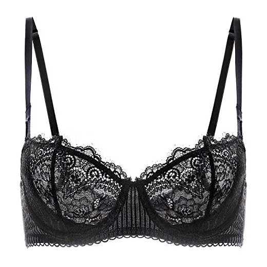 DOBREVA Women's Sexy Lace Push Up Plus Size Bra Sheer Balconette Underwire Unlined Black_Eyelash lace 36C