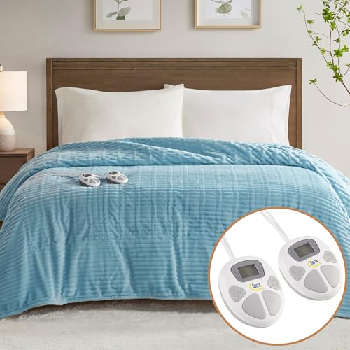 Serta Electric Blanket Soft Ribbed Plush Heating Blanket Queen for Office Couch 1-12 hr Auto Shut Off Timer 10 Lv Heating ETL Certified Queen 84x90 Sky Blue