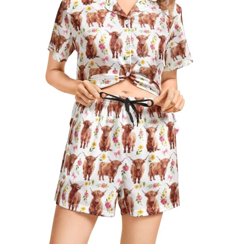 Image of Funny Pajamas for Women Set Print Satin Loungewear Pjs Short Sleeve Button Down Top and Shorts Sets Sleepwear XS-3XL