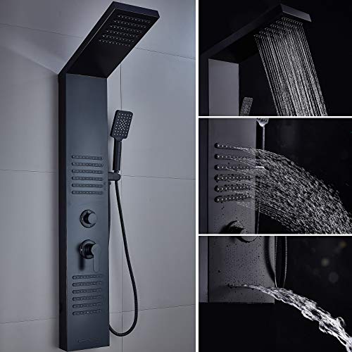 Image of ELLO&ALLO Stainless Steel Shower Panel Tower System, Rainfall Head Rain Massage System with LED Body Jets, Black