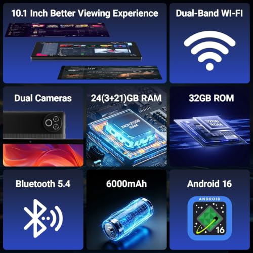 Image of Gleeso Tablet Android 16 Tablet 10 Inch, 24GB RAM 1TB Expandable, 6000mAh Battery, Widevine L1, Face Unlock, WiFi 6, Bluetooth 5.4, Dual Cameras Tablet for Work & Entertainment