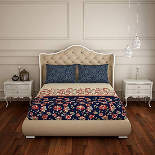 Image of Spaces Atrium Plus 210 TC 100% Cotton Queen Size Fitted Double Bedsheet with 2 Pillow Covers (Floral, 60 inch X 78 inch Inches ) - Blue