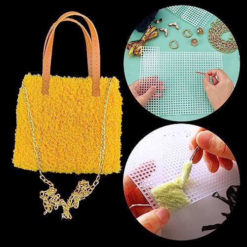 Image of Allazone 39 PCS Clear Plastic Mesh Canvas Sheets for Embroidery, Plastic Canvas Plastic Mesh Sheets with 2 Color Acrylic Yarn for DIY Sewing Bag