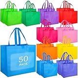 BLEWINDZ 50 Pcs Large Gift Bags with Handles Bulk - 16 x 6 x 12 Inch Reusable Grocery Shopping Bags - Non-Woven Tote Grocery Bag, Party Favor Bag (10 Colors)
