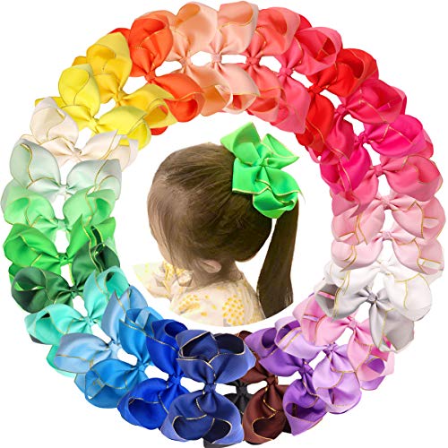 JOYOYO 30 Colors Big 6in Grosgrain Ribbon Hair Bows Alligator Clips for Baby Girls Toddlers Kids Pupil (Gold Edge Style)