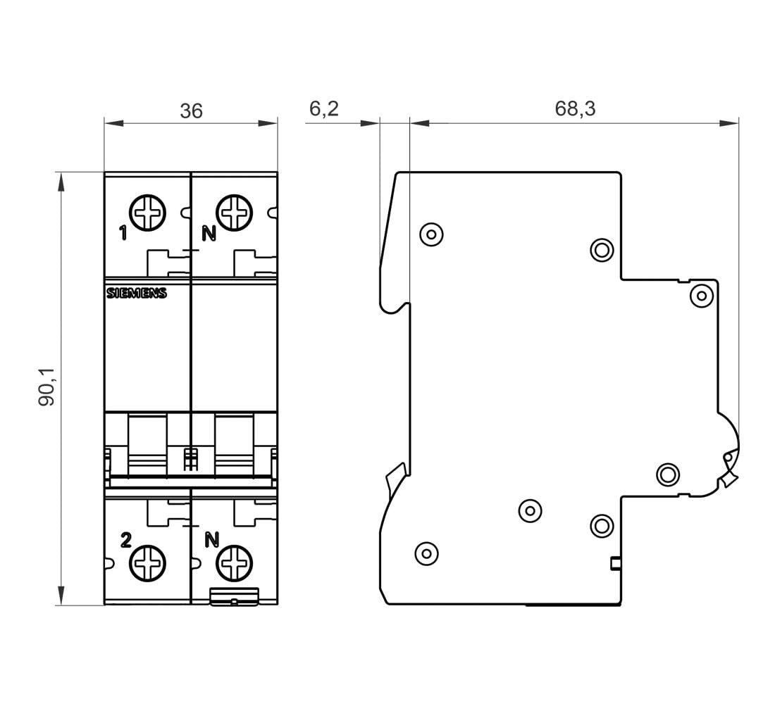 SIEMENS 5SL6 MCB wyłącznik nadprądowy typ B, Pol 1P+N 20 A 230 V SENTRON montaż na szynie DIN