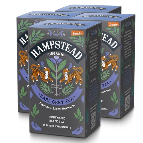 Image of Hampstead Organic & Biodynamic Earl Grey Bags (4 Packs of 20), Darjeeling Black Infusion with Natural Bergamot Oil, Plastic-Free & Compostable