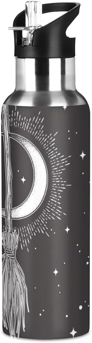 Halloween Sport Water Bottle Witch Moon Broom Stainless Steel Insulated Coffee Cup 20 oz with Straw Lid, Festive Holiday Present