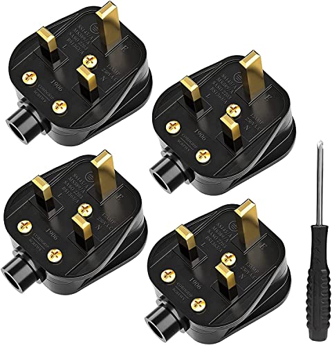 UK Plugs with 13 AMP Fused, 3 pin Mains Plug with Cord Grip Rewireable Heavy Duty Electrical Plug, Black Plug for home, 4 Pack