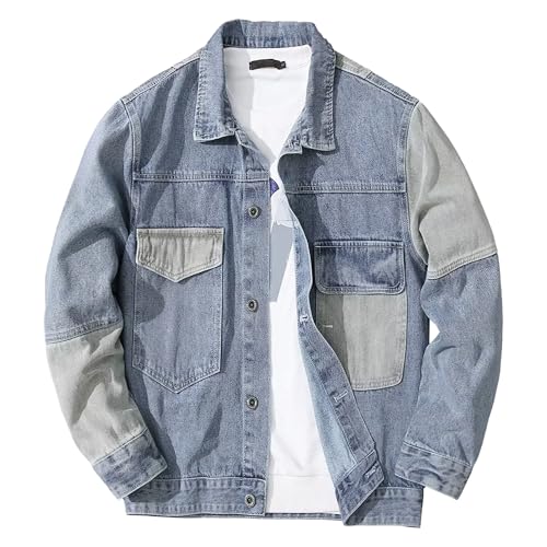 Men Fashion Stitching Lapel Denim Jacket Simple Style Single Breasted Jean Outerwear Spring Classic Comfy Denim Coat