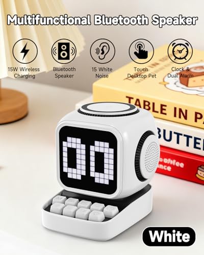 Image of Retro Robot 5-in-1 Bluetooth Speaker: 15W Wireless Charger, Pixel LED Screen, 10W Stereo Sound & 15 White Noise, Alarm Clock, Cute Portable Wireless Speaker for Bedroom Desk Office, Birthday Gifts
