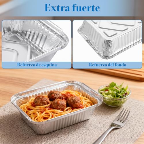 Miniatura 5 de Lopyxbr Pack De 100 Bandejas Aluminio Con Tapa De Papel Aluminio, 800ml Bandejas Aluminio Desechables Para Preparación De Comidas, Recipientes De Aluminio Rectangulares Para Horno Y Picnic 21x14x5cm