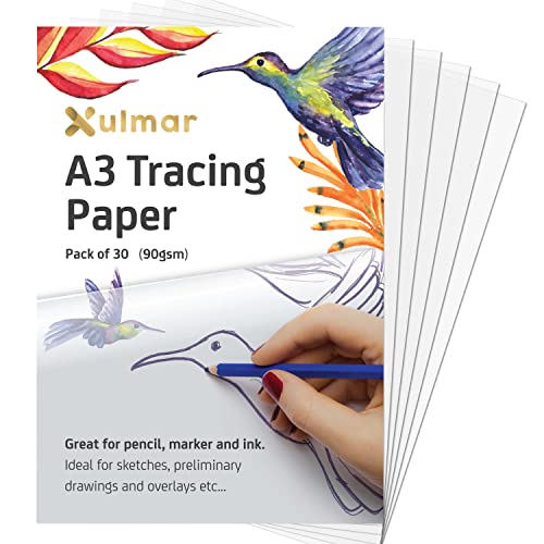 Xulmar Tracing Paper A3 90 GSM - Pack of 30 Sheets Tracing Paper for Sewing Patterns Drawing Overlays & Sketching on Art Paper
