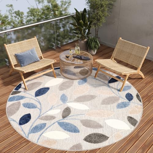 TAPISO Alfombra Redonda para Terraza Exterior Interior Terraza Balcón Jardín De Invierno Cocina Salón Moderna Beige Azul Gris Hojas Aspecto 3D Resistente A La Intemperie Oeko-Tex 120 x 120 cm