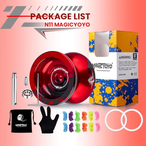 Image of MAGICYOYO N11 Professional Unresponsive Yoyo & Responsive Yo Yo for Kids 8-12 or Above Alloy Aluminum Yo-Yo with Yoyo Bag, 1 Glove, 12Strings and Responsive Bearing Kit (Black Red)