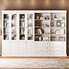 71 Tall Farmhouse Bookshelves with Glass Doors Bookcase with Drawers Adjustable Shelves Large Wooden Storage Cabinet for Living Room Kitchen Home Office Dining Room 2 Glass 2 Open Cabinet