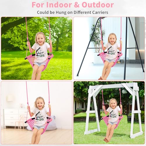 Image of Hi-Na Tree Swing for Kids, Adjustable Toddler Rope Swing Seat with Snap Hooks and Straps, 440 lbs Capacity, Swingset Accessories for Indoor Porch Doorway Outdoor Playground Backyard (Pink)