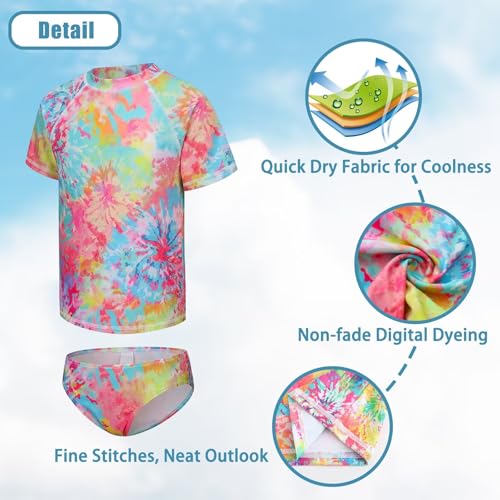 Image of Girls Two Piece Rash Guard Swimsuits Set Short Sleeve Bathing Suit for Kids Hawaiian Swimwear Set 3-16 Years