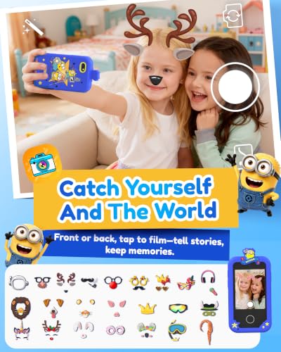 Image of KOKODI Kids Smart Phone Toys, Minions Collab Birthday Gifts for 3 4 5 6 7 8 Year Old Boys, Touchscreen HD Digital Dual Video Camera, Preschool Learning Toy for Kids 3-5 Travel Trip Activity (Blue)