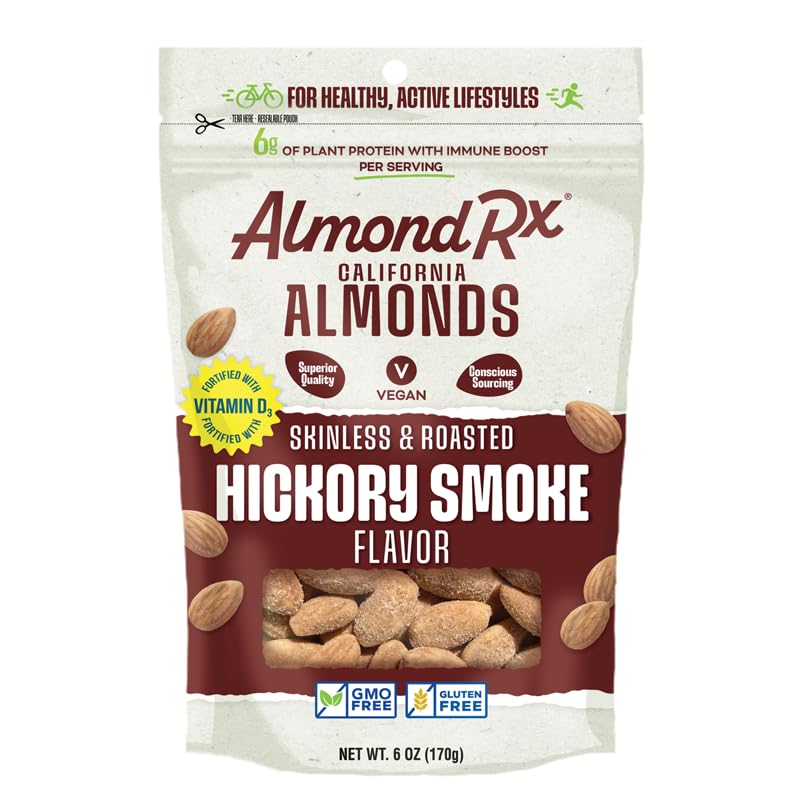 Image of AlmondRx | Heart Healthy Skinless Lightly Salted California Almond Snack Packs | Fortified with Vitamin D | Plant Protein | Keto | Vegan | No Sugar Added (6 Ounce (Pack of 1), Hickory Smoke)
