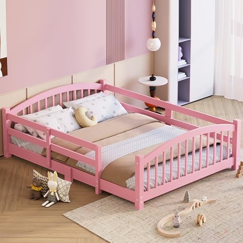 Image of Bellemave Full Size Kids Montessori Floor Bed,Full Size Floor Bed Frame with Slats and Safety Guardrail,Solid Wood Montessori Bed for Girls Boys,Pink