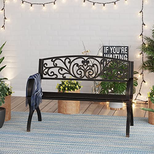 Phi Villa 50Inch Cast Iron Steel Frame Garden Bench Patio Furniture Chair Outdoor Bench W/Floral Design Backrest, Slatted Seat For Park, Yard & Porch, Bronze #TOP1