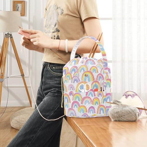 Image of ElliTarr Crochet Bag Yarn Bag with Handle Portable Knitting Project Bag Travel Yarn Storage Organizer Holder Case Gradient Cute Rainbows