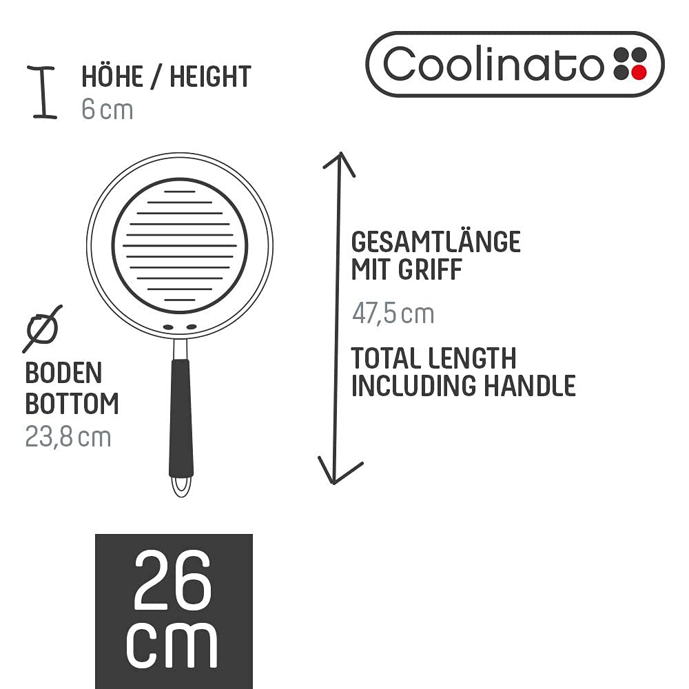 Coolinato Grillpfanne rund 26cm, Pfanne beschichtet für Induktion und andere Herde, Steakpfanne ofenfest spülmaschinengeeignet