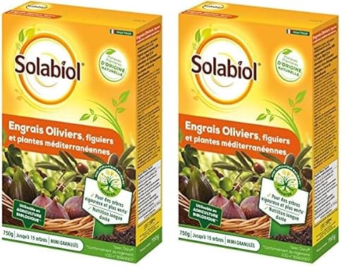 SOLABIOL Engrais Oliviers Figuiers & Plantes Méditerranéennes - 2x750g - Jusqu'à 15 Arbres - Nutrition Longue Durée - Arbres Vigoureux & Plus Verts - Utilisable En Agriculture Biologique