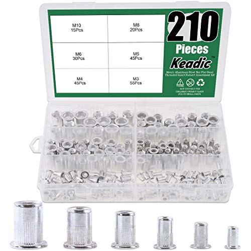 Keadic 210Pcs Metric Aluminum Rivet Nut Flat Head Threaded Insert Nutsert Assortment Kit - M3 M4 M5 M6 M8 M10