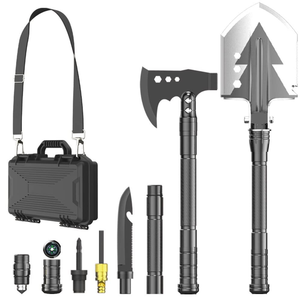 YANTOOMultipurpose Camping Tool Kit, Professional Vehicle Rescue Tool Box, Military Folding Shovel, with Axe, Compass, Screwdriver, Fire Starter, Carrying Case.