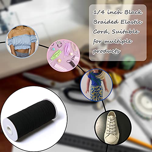 Top Hunter Black 70-Yards Length 1/4" Width Braided Elastic Cord/Elastic Band/Elastic Rope/Bungee/Black Heavy Stretch Knit Elastic Spool (Black) #TOP4