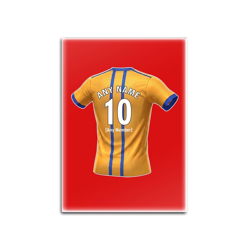 UNIGIFT Personalised Gift - Mansfield Area Fan Red Glass Fridge Magnet (Amber and Blue Football Jersey Design) Custom Name - Nottinghamshire NG18 Club