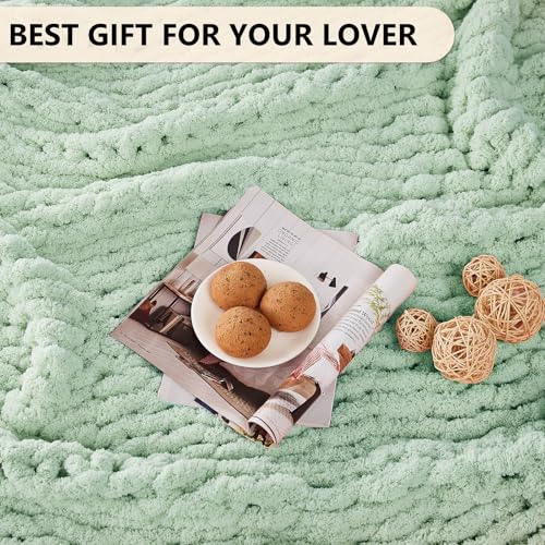 Image of L'AGRATY Chunky Knit Throw Blanket for Couch, 60 x 80 Inches, Milky Green