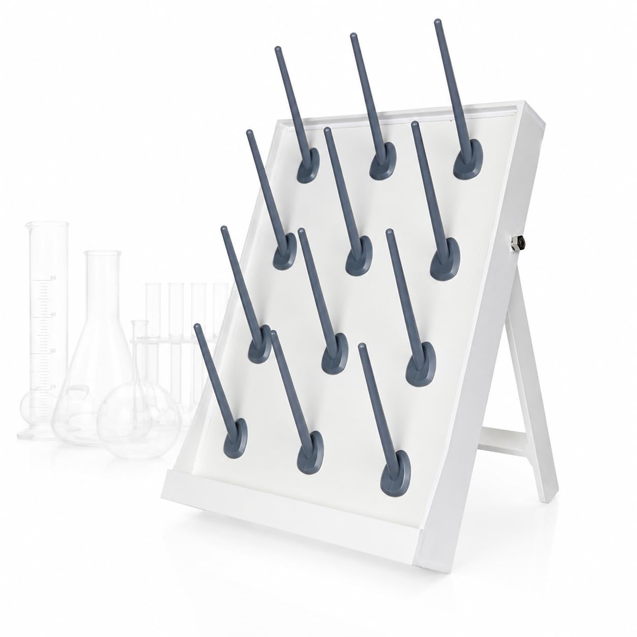 Abtropfgestell für Laborgläser, Reagenzglas-Trockengestell mit abnehmbaren Stangen, Schreibtisch- oder Wandhalterung, Ablauflöcher für Becher, Flaschen, Flaschen und Laborutensilien, 12 Heringe