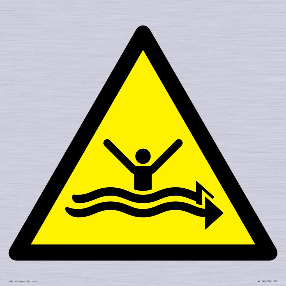 W057 Warning: Strong currents Sign - 300x300mm - S30, Yellow/White