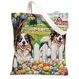 Einkaufstasche aus Segeltuch mit australischem Schäferhund, 33 x 38 cm, Bauernhaus-Zauneier, Welpen, wiederverwendbare Einkaufstasche für Frauen, Landstrand, ästhetische Malerei, Geschenk, Dekoration