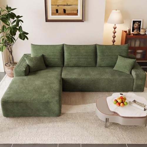 Image of 95 inch Modular Sectional Couch, Boneless L Shaped Cloud Sofa with Chaise Lounge, Corduroy Upholstered Couches Memory Foam Deep Seat, No Assembly Required, Ideal for Living Room(Green, Left Facing)