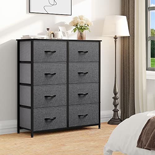 DWVO Dresser for Bedroom, Fabric Dresser with 8 Drawers, Tall Dresser, Double Dresser, Chest of Drawers for Closet, Living Room, Sturdy Steel Frame, Wooden Top, Easy Pull Handle, Black Ash