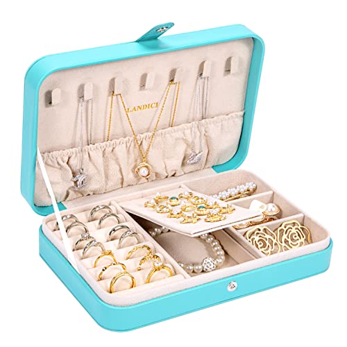 LANDICI Small Jewelry Box for Women Girls, PU Leather Travel Jewelry Organizer Case, Portable Jewellery Storage Holder Display for Ring Earrings Necklace Bracelet Bangle Watch Men Kids Gift, Lake Blue