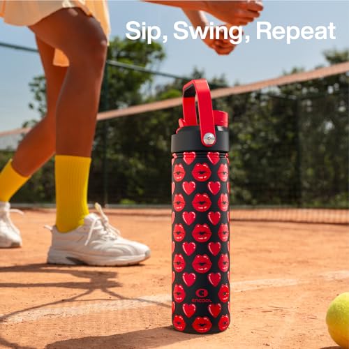Image of ENCOOL Insulated Water Bottle with Straw Stainless Steel Water Bottle, Leak-Proof, BPA-Free, Keeps Cold for 24 Hours for Sports, Travel, School (26 oz, Kiss Hearts Red x Black)